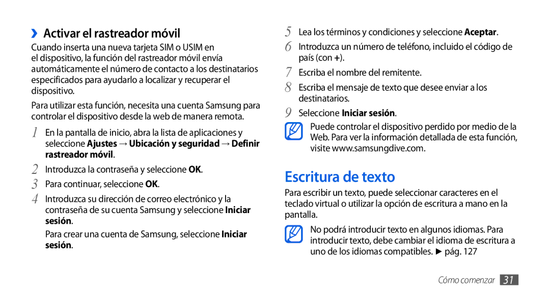 Samsung GT-I9001HKDAMN Escritura de texto, ››Activar el rastreador móvil, Rastreador móvil, Seleccione Iniciar sesión 