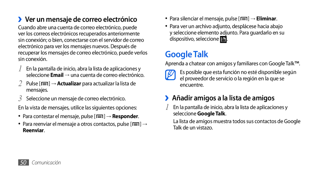 Samsung GT-I9001HKDATL Google Talk, ››Añadir amigos a la lista de amigos, ››Ver un mensaje de correo electrónico, Mensajes 