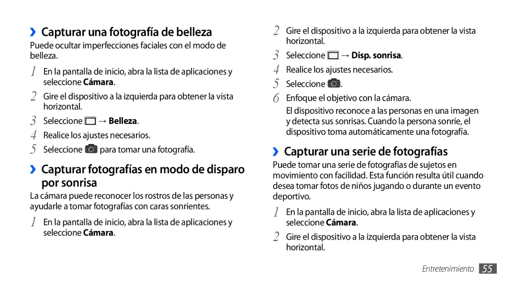 Samsung GT-I9001HKDAMN manual ››Capturar una fotografía de belleza, ››Capturar fotografías en modo de disparo por sonrisa 