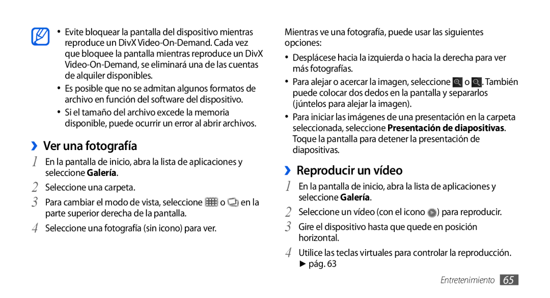 Samsung GT-I9001UWDAMN manual ››Ver una fotografía, ››Reproducir un vídeo, Seleccione Galería Seleccione una carpeta, Pág 