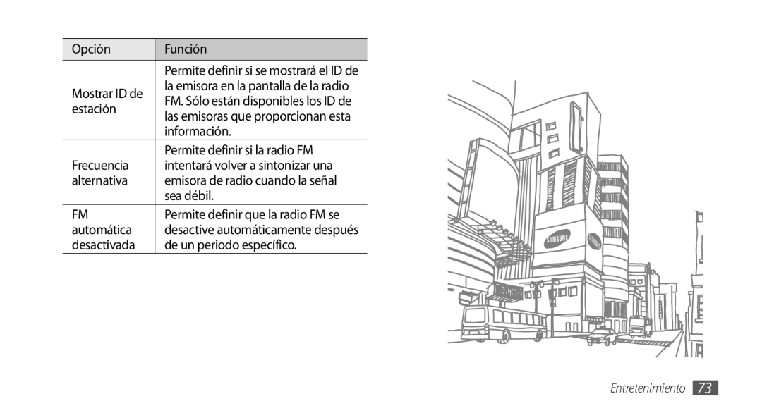 Samsung GT-I9001HKDAMN manual Estación, Información, Permite definir si la radio FM, Frecuencia, Alternativa, Sea débil 