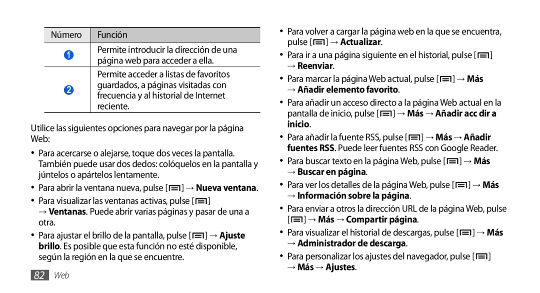 Samsung GT-I9001HKDFOP manual → Reenviar, → Añadir elemento favorito, → Buscar en página, → Información sobre la página 