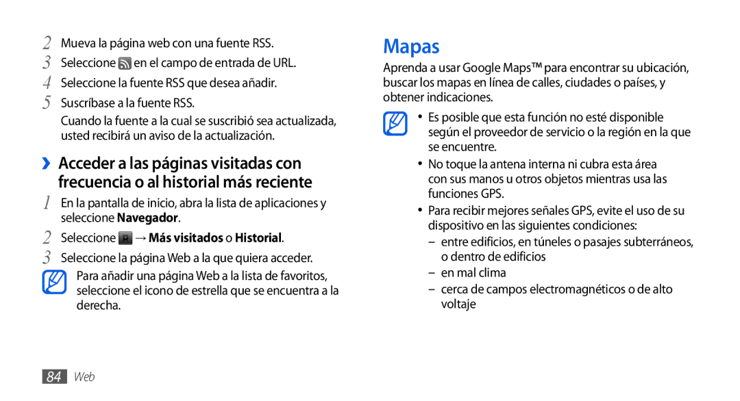 Samsung GT-I9001HKDDBT, GT-I9001HKDAMN, GT-I9001HKDATL, GT-I9001RWDAMN, GT-I9001HKDFOP manual Mapas, Suscríbase a la fuente RSS 