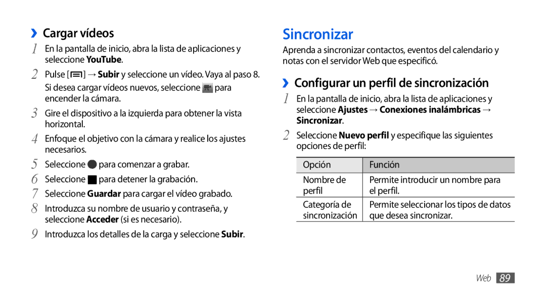 Samsung GT-I9001UWDAMN, GT-I9001HKDDBT manual Sincronizar, ››Cargar vídeos, ››Configurar un perfil de sincronización 