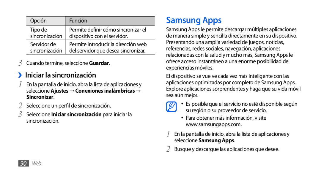 Samsung GT-I9001HKDDBT, GT-I9001HKDAMN, GT-I9001HKDATL, GT-I9001RWDAMN manual Samsung Apps, ››Iniciar la sincronización 