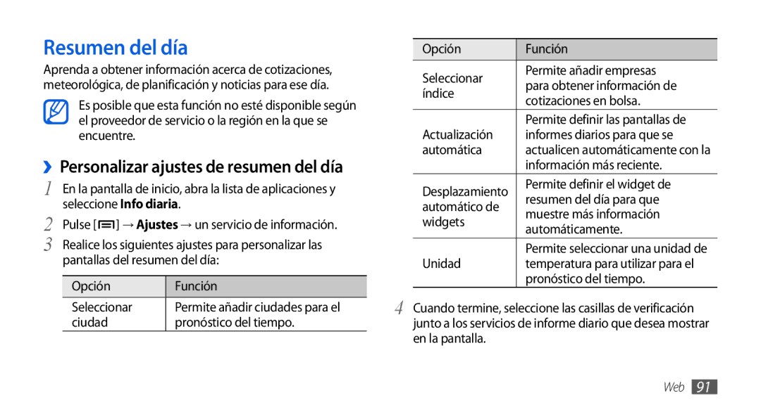 Samsung GT-I9001HKDAMN, GT-I9001HKDDBT, GT-I9001HKDATL manual Resumen del día, ››Personalizar ajustes de resumen del día 