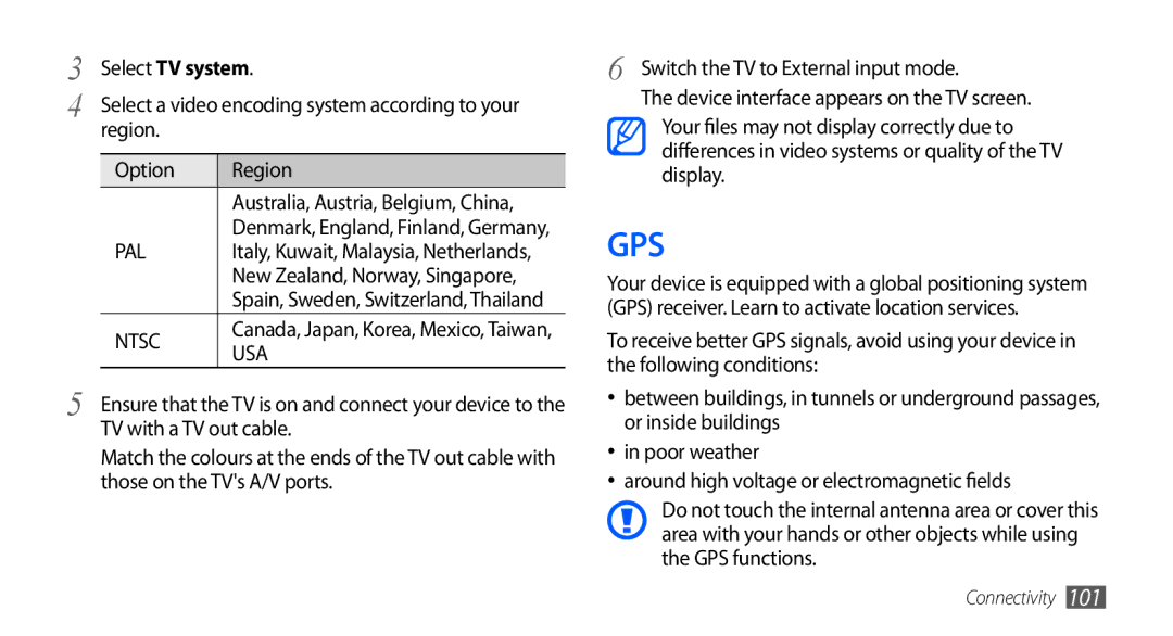 Samsung GT-I9001HKDSFR, GT-I9001HKDEPL, GT-I9001HKDATO manual Select TV system, Region Option, TV with a TV out cable 