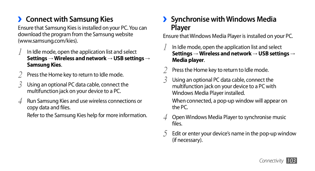 Samsung GT-I9001HKDXEF manual ›› Connect with Samsung Kies, ›› Synchronise with Windows Media Player, Media player 