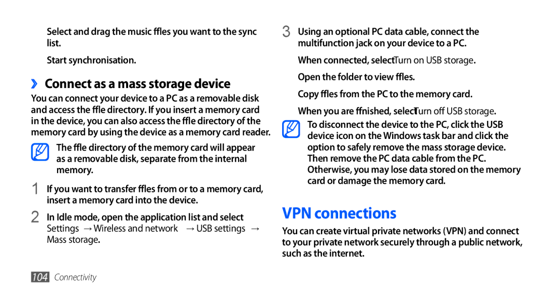 Samsung GT-I9001UWDSFR, GT-I9001HKDEPL, GT-I9001HKDATO VPN connections, ›› Connect as a mass storage device, Mass storage 