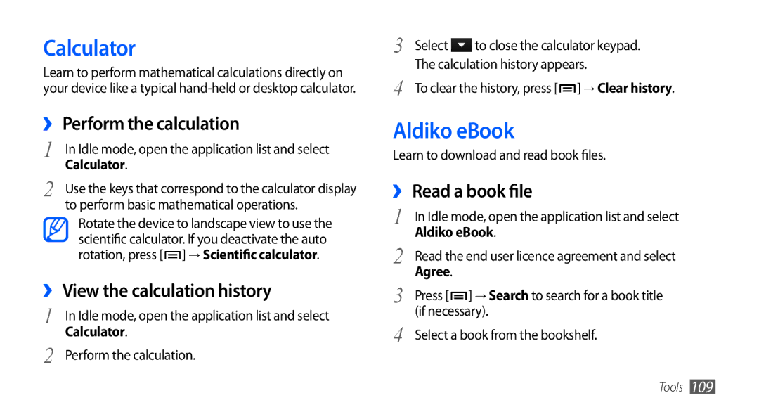 Samsung GT-I9001HKDWIN manual Calculator, Aldiko eBook, ›› Perform the calculation, ›› View the calculation history 