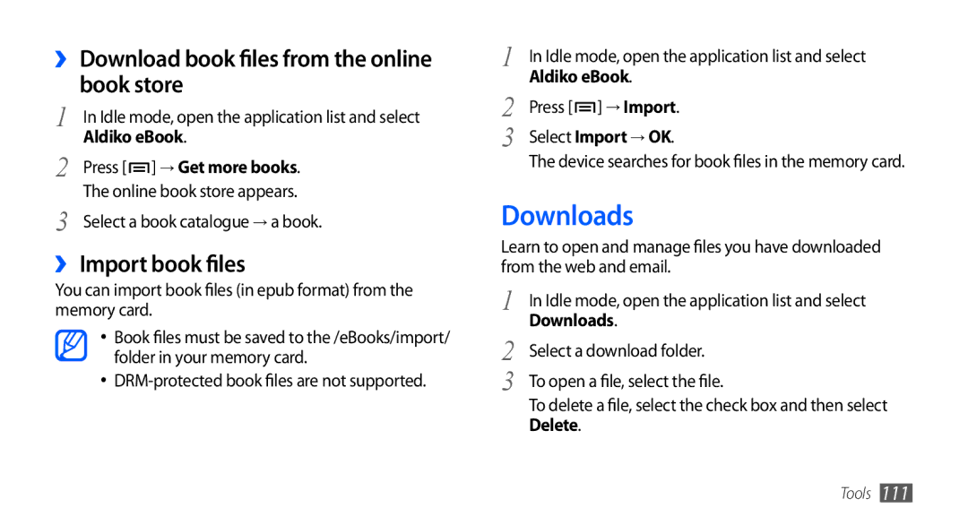 Samsung GT-I9001HKDITV, GT-I9001HKDEPL Downloads, ›› Download book files from the online book store, ›› Import book files 