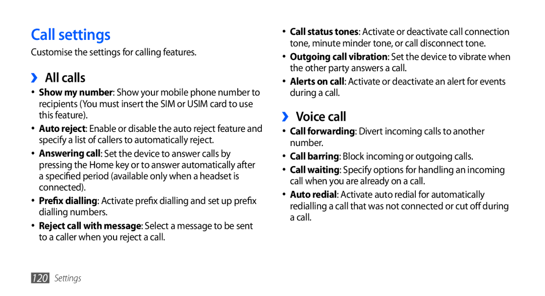 Samsung GT-I9001UWDAMN manual Call settings, ›› All calls, ›› Voice call, Customise the settings for calling features 