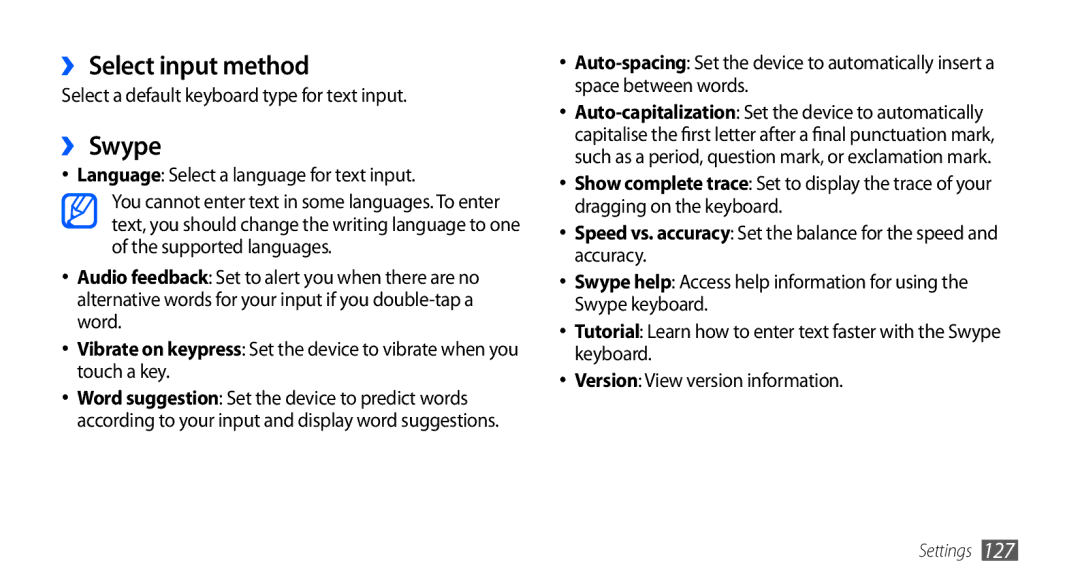 Samsung GT-I9001UWAKSA, GT-I9001HKDEPL ›› Select input method, ›› Swype, Select a default keyboard type for text input 