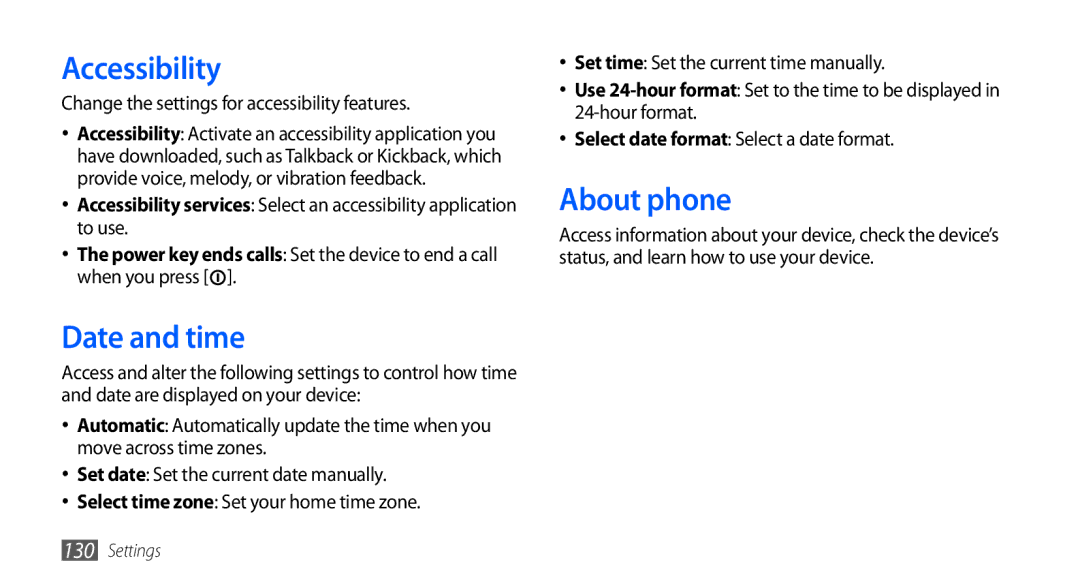 Samsung GT-I9001UWDKSA manual Accessibility, Date and time, About phone, Change the settings for accessibility features 