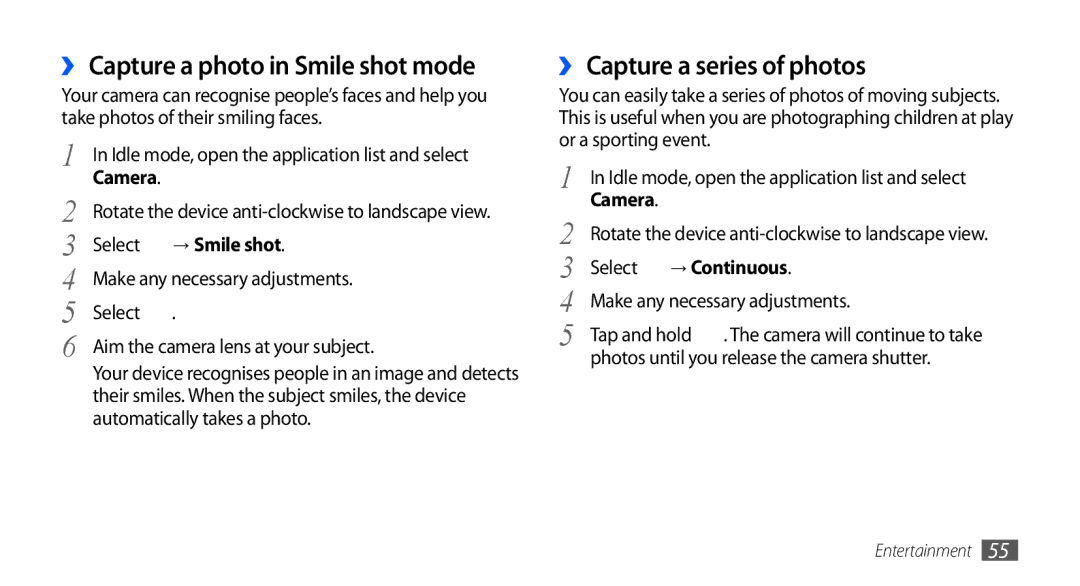 Samsung GT-I9001HKAKSA manual ›› Capture a photo in Smile shot mode, ›› Capture a series of photos, Select, → Continuous 