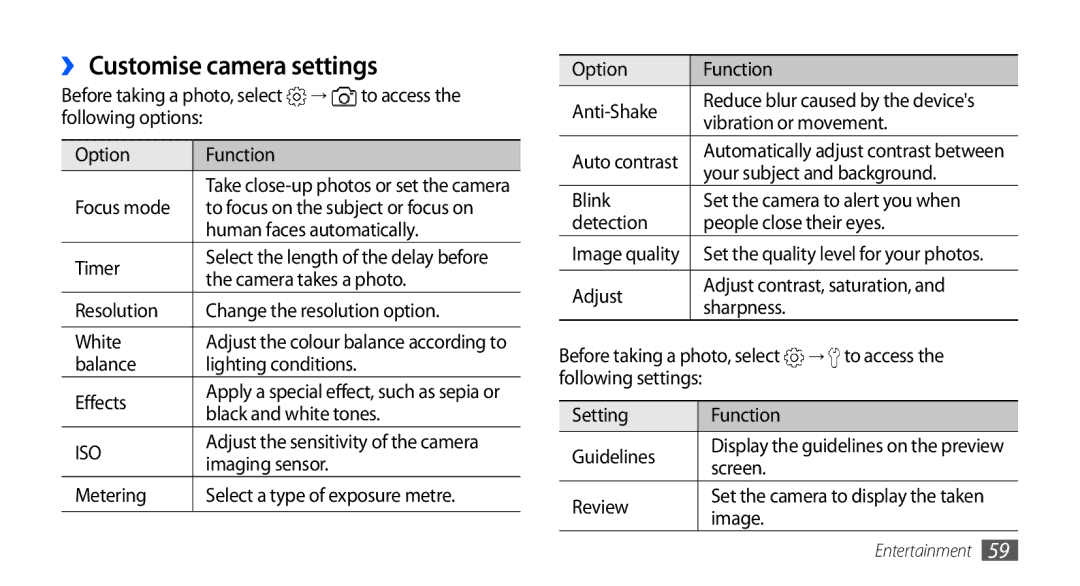 Samsung GT-I9001HKDMID, GT-I9001HKDEPL, GT-I9001HKDATO, GT-I9001HKDVIA, GT-I9001HKDVD2 manual ›› Customise camera settings 