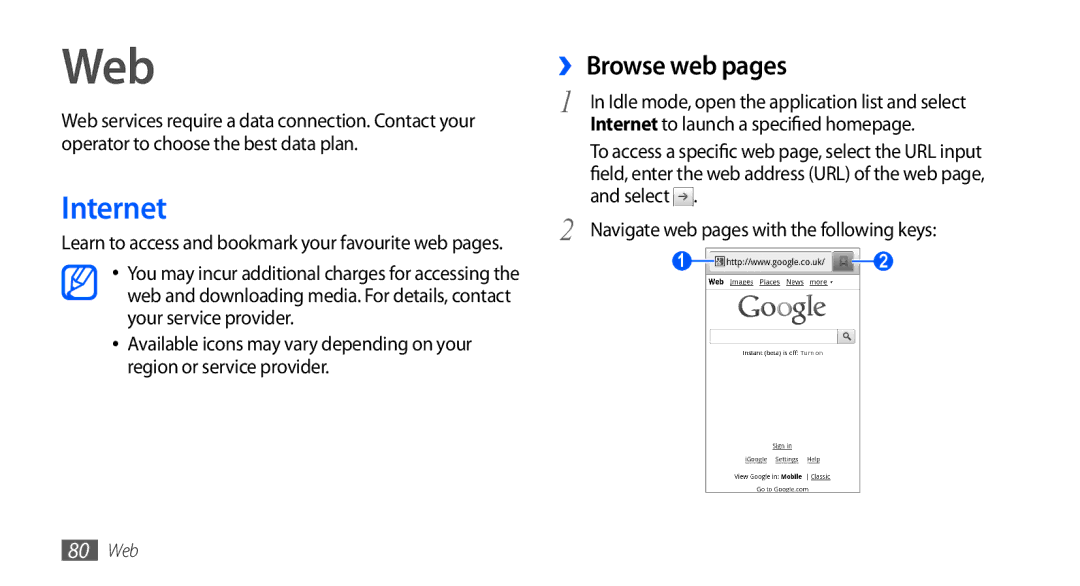 Samsung GT-I9001RWDSER, GT-I9001HKDEPL manual Web, ›› Browse web pages, Internet to launch a specified homepage 