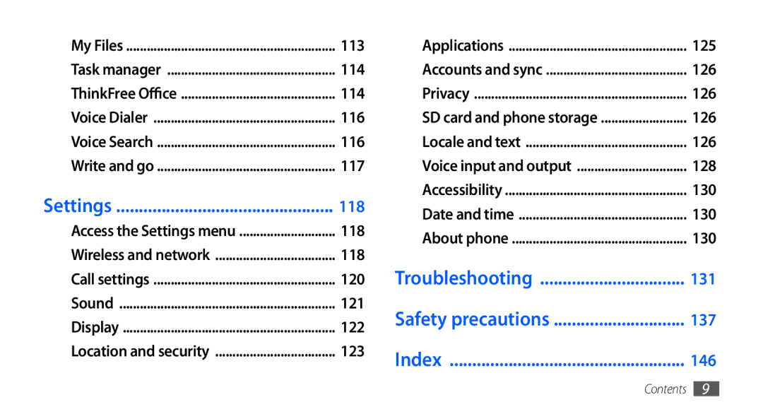 Samsung GT-I9001HKDEUR, GT-I9001HKDEPL, GT-I9001HKDATO, GT-I9001HKDVIA Settings, Troubleshooting, Safety precautions, Index 