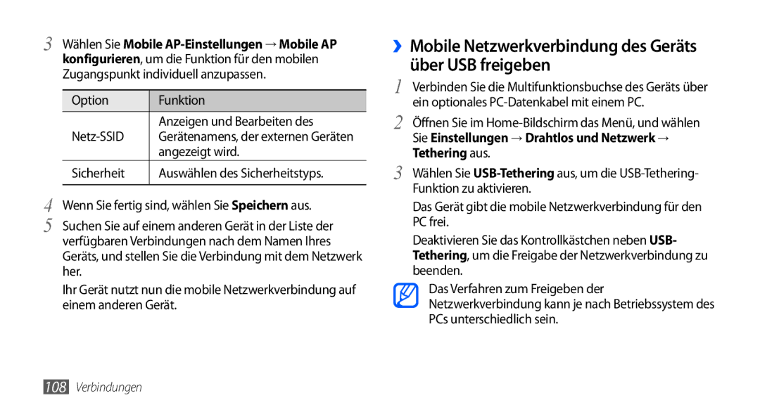 Samsung GT-I9001HKDVD2 ››Mobile Netzwerkverbindung des Geräts über USB freigeben, Zugangspunkt individuell anzupassen 