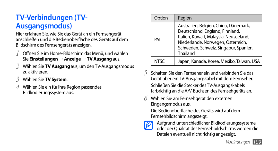 Samsung GT-I9001HKDTUR, GT-I9001HKDEPL, GT-I9001HKDATO, GT-I9001HKDVIA, GT-I9001HKDVD2 manual TV-Verbindungen TV Ausgangsmodus 