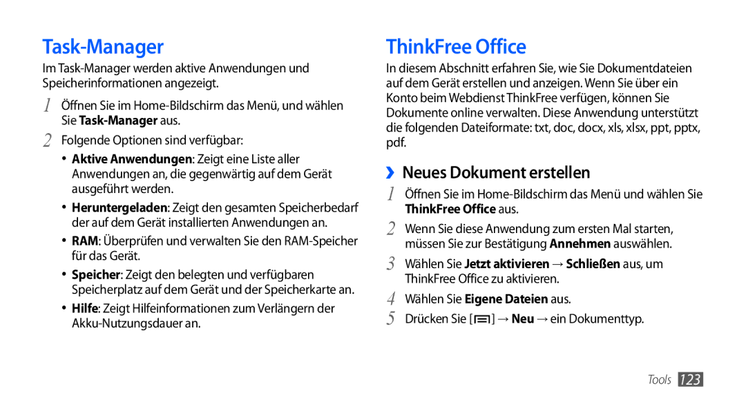 Samsung GT-I9001HKDVD2, GT-I9001HKDEPL, GT-I9001HKDATO Task-Manager, ››Neues Dokument erstellen, ThinkFree Office aus 