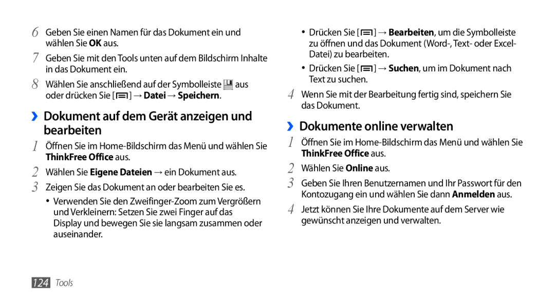 Samsung GT-I9001HKDTUR, GT-I9001HKDEPL manual ››Dokument auf dem Gerät anzeigen und bearbeiten, ››Dokumente online verwalten 