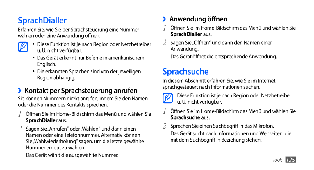 Samsung GT-I9001HKDDTM manual SprachDialler, Sprachsuche, ››Anwendung öffnen, ››Kontakt per Sprachsteuerung anrufen 