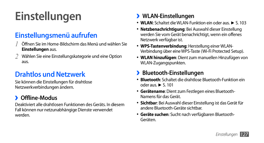 Samsung GT-I9001RWDDTM, GT-I9001HKDEPL, GT-I9001HKDATO manual Einstellungen, Einstellungsmenü aufrufen, Drahtlos und Netzwerk 