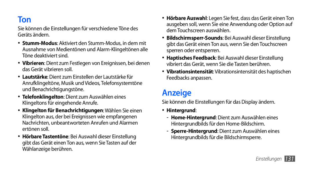 Samsung GT-I9001UWDDTM, GT-I9001HKDEPL manual Ton, Anzeige, Sie können die Einstellungen für das Display ändern, Hintergrund 