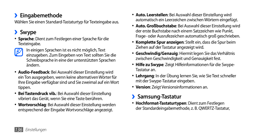 Samsung GT-I9001HKDATO manual ››Eingabemethode, ››Swype, ››Samsung-Tastatur, Version Zeigt Versionsinformationen an 