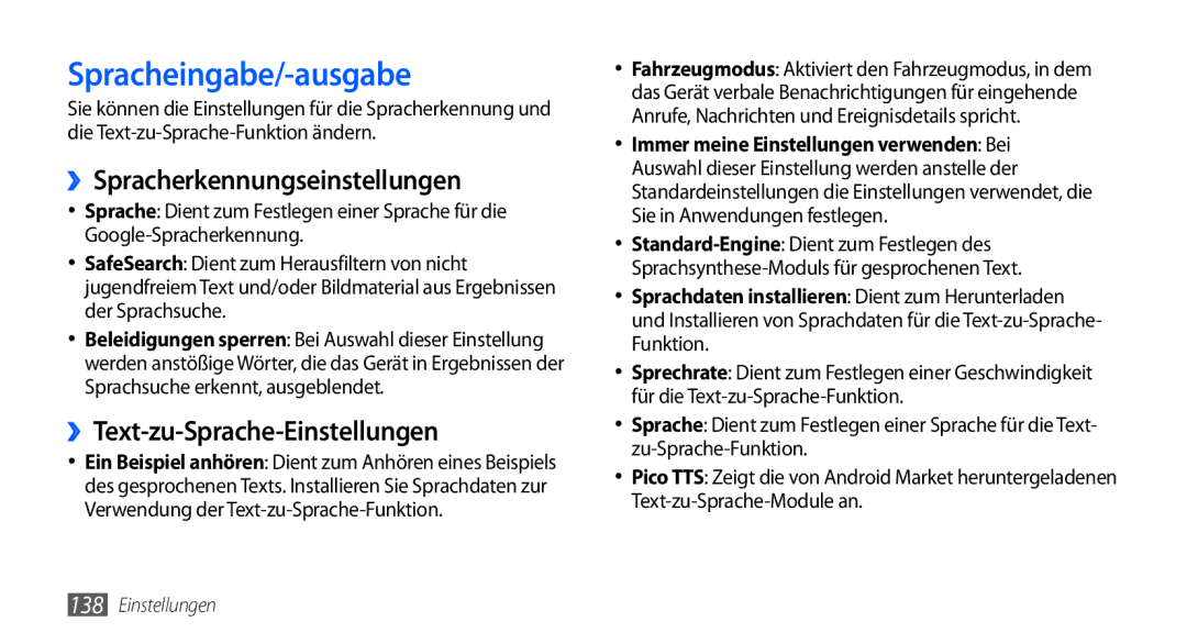 Samsung GT-I9001HKDVD2 manual Spracheingabe/-ausgabe, ››Spracherkennungseinstellungen, ››Text-zu-Sprache-Einstellungen 