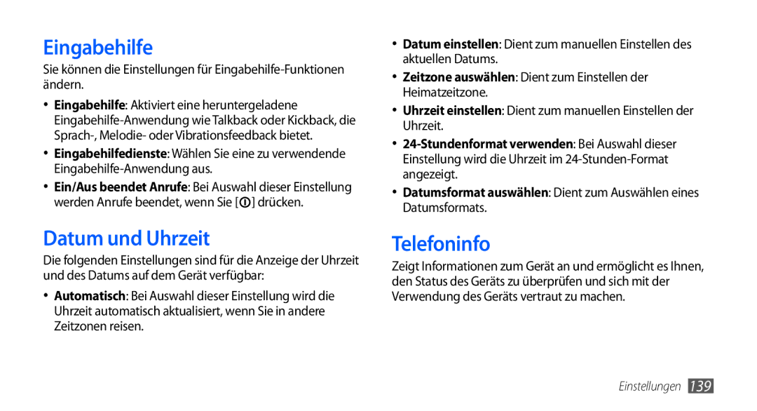 Samsung GT-I9001HKDTUR, GT-I9001HKDEPL, GT-I9001HKDATO, GT-I9001HKDVIA manual Eingabehilfe, Datum und Uhrzeit, Telefoninfo 