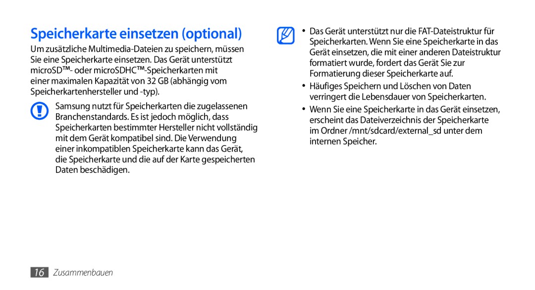 Samsung GT-I9001HKDATO, GT-I9001HKDEPL, GT-I9001HKDVIA, GT-I9001HKDVD2, GT-I9001HKDTUR manual Speicherkarte einsetzen optional 
