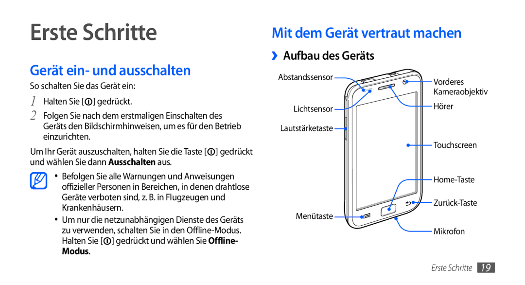 Samsung GT-I9001HKDTUR manual Erste Schritte, Mit dem Gerät vertraut machen Gerät ein- und ausschalten, ››Aufbau des Geräts 