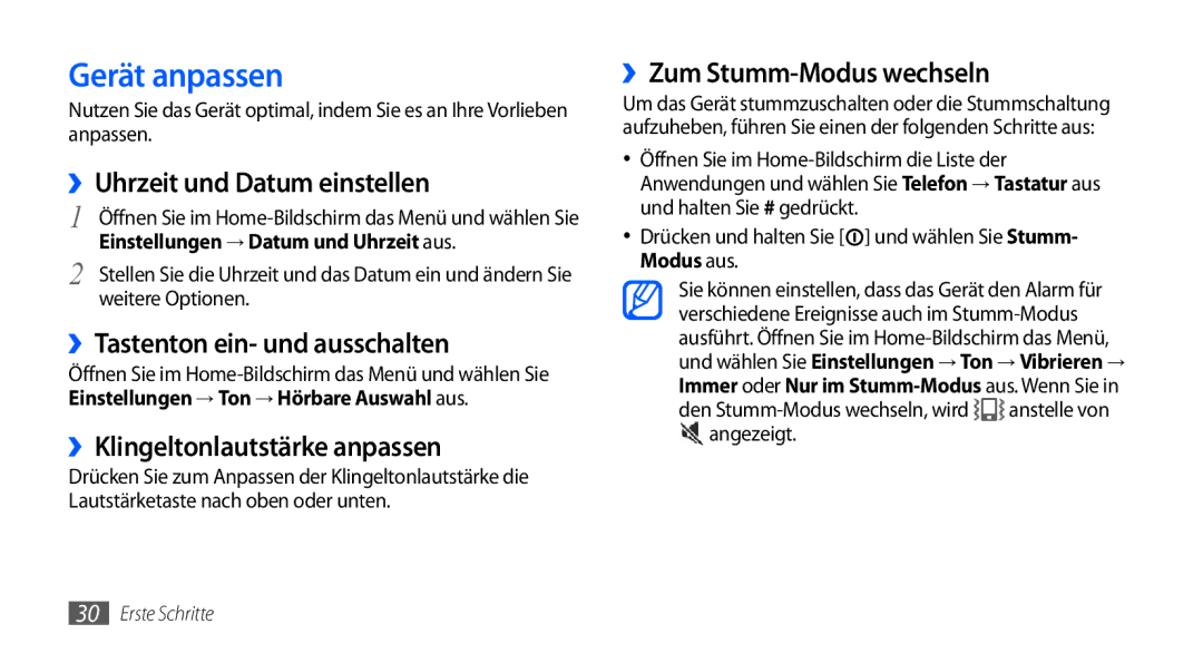 Samsung GT-I9001HKDEPL, GT-I9001HKDATO Gerät anpassen, ››Uhrzeit und Datum einstellen, ››Tastenton ein- und ausschalten 