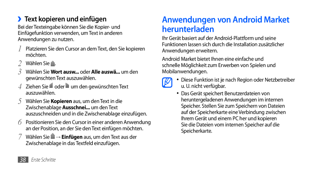 Samsung GT-I9001HKDDBT, GT-I9001HKDEPL manual Anwendungen von Android Market herunterladen, ››Text kopieren und einfügen 