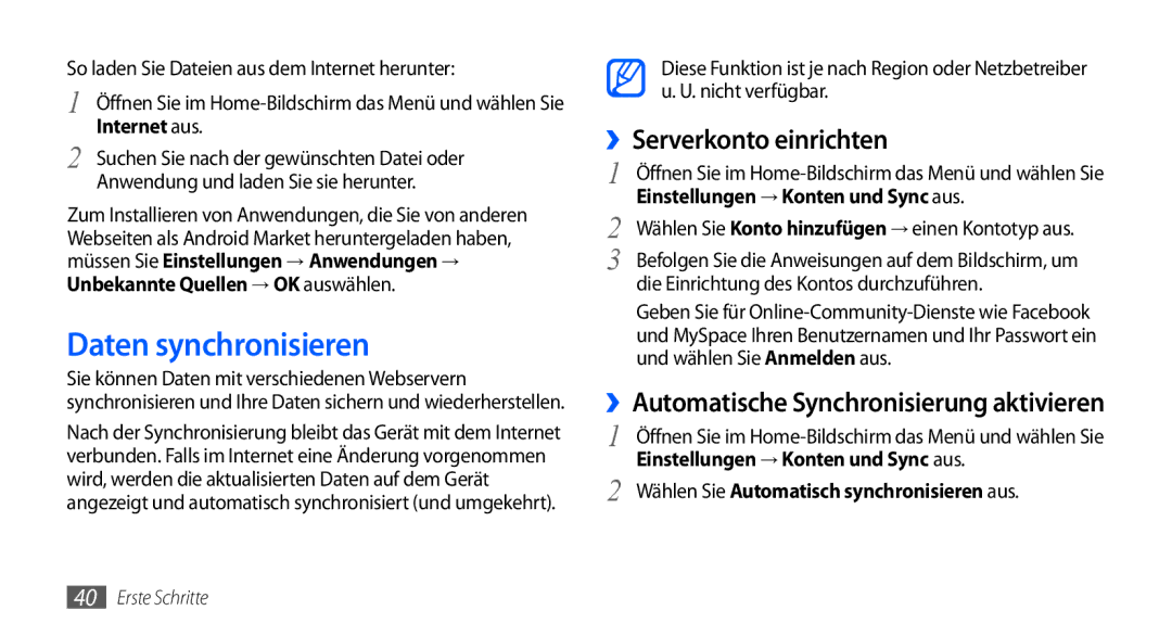 Samsung GT-I9001RWDDBT manual Daten synchronisieren, ››Serverkonto einrichten, ››Automatische Synchronisierung aktivieren 