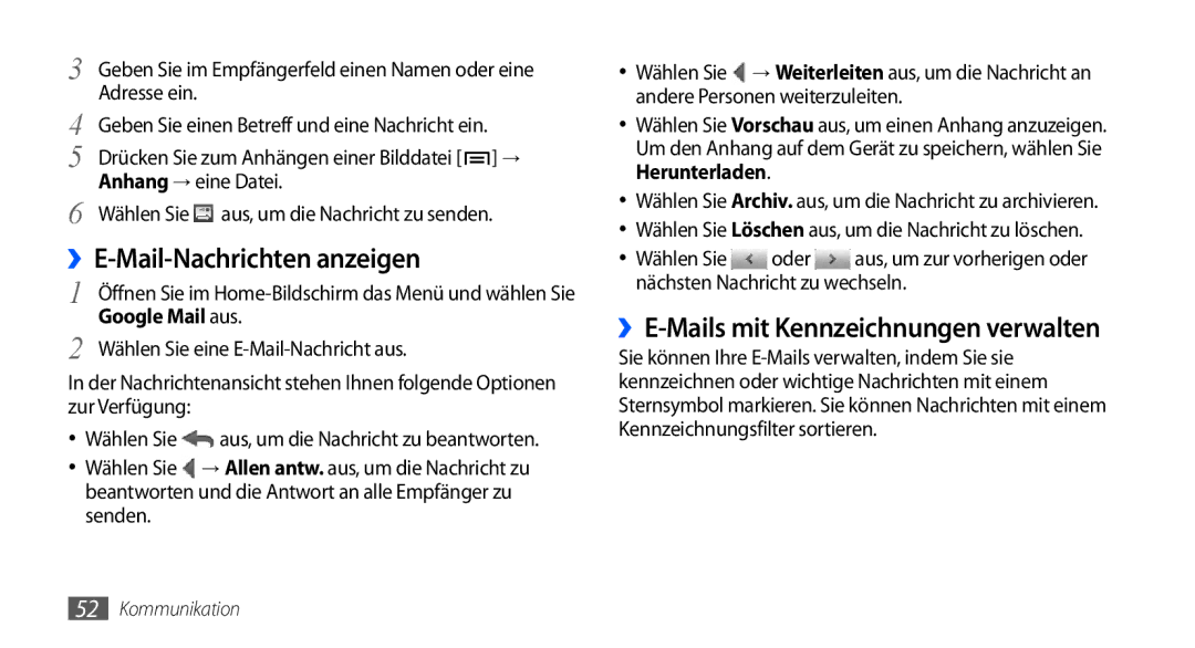 Samsung GT-I9001RWDDTM, GT-I9001HKDEPL manual ››E-Mail-Nachrichten anzeigen, ››E-Mails mit Kennzeichnungen verwalten 