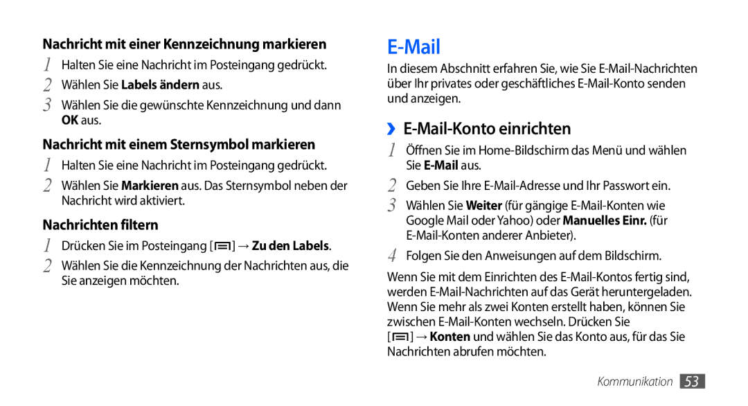 Samsung GT-I9001HKDDBT, GT-I9001HKDEPL manual ››E-Mail-Konto einrichten, Nachricht mit einer Kennzeichnung markieren 