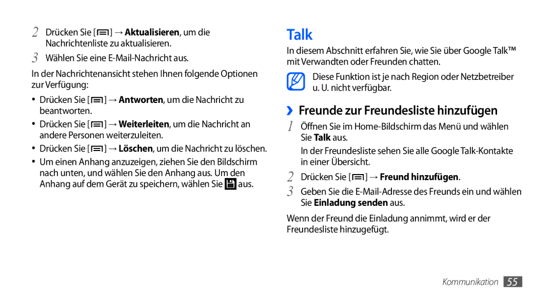 Samsung GT-I9001RWDDBT, GT-I9001HKDEPL manual Talk, ››Freunde zur Freundesliste hinzufügen, Sie Einladung senden aus 