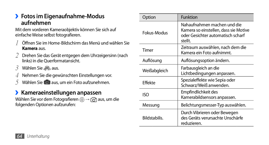 Samsung GT-I9001HKDTUR, GT-I9001HKDEPL manual ››Kameraeinstellungen anpassen, ››Fotos im Eigenaufnahme-Modus aufnehmen 