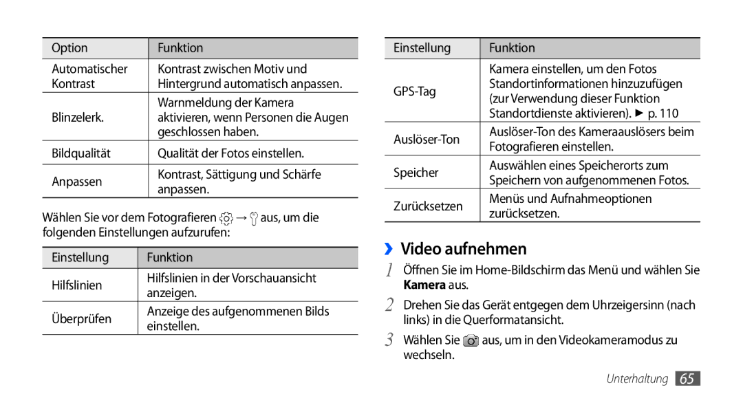 Samsung GT-I9001HKDDTM, GT-I9001HKDEPL, GT-I9001HKDATO, GT-I9001HKDVIA, GT-I9001HKDVD2, GT-I9001HKDTUR manual ››Video aufnehmen 