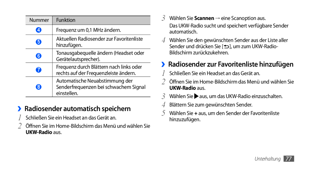 Samsung GT-I9001HKDVIA, GT-I9001HKDEPL ››Radiosender automatisch speichern, ››Radiosender zur Favoritenliste hinzufügen 