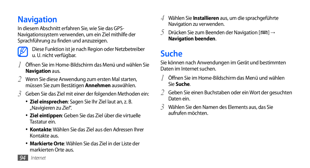 Samsung GT-I9001HKDTUR, GT-I9001HKDEPL, GT-I9001HKDATO manual Suche, Navigation zu verwenden, Navigation beenden 