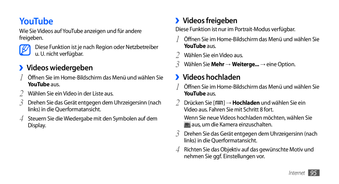 Samsung GT-I9001HKDDTM, GT-I9001HKDEPL manual ››Videos wiedergeben, ››Videos freigeben, ››Videos hochladen, YouTube aus 