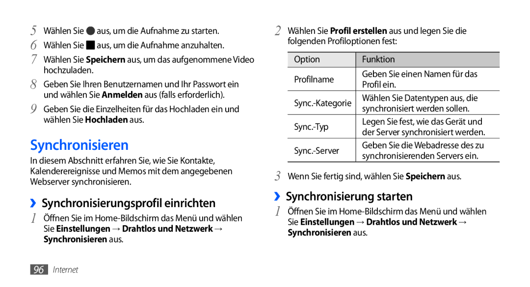 Samsung GT-I9001HKDVIT, GT-I9001HKDEPL Synchronisieren, ››Synchronisierungsprofil einrichten, ››Synchronisierung starten 