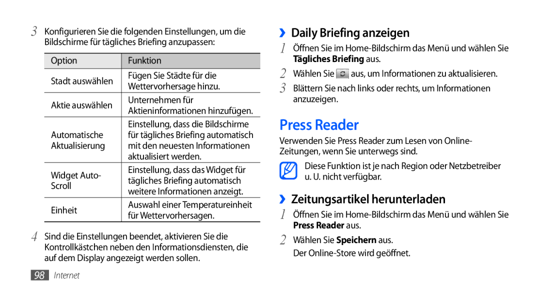 Samsung GT-I9001HKDDBT, GT-I9001HKDEPL ››Daily Briefing anzeigen, ››Zeitungsartikel herunterladen, Press Reader aus 