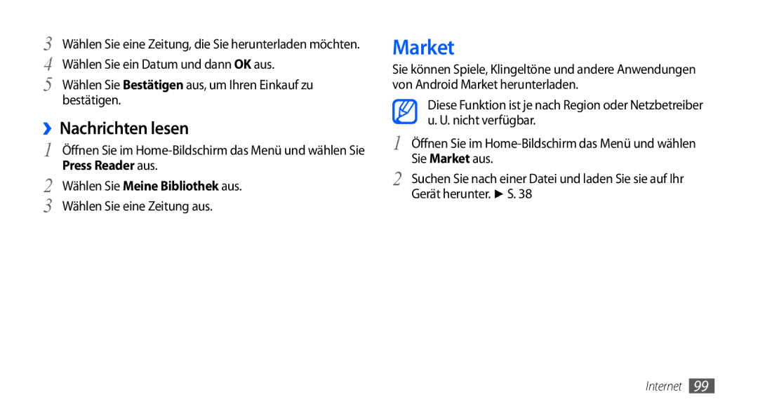 Samsung GT-I9001HKDEUR, GT-I9001HKDEPL, GT-I9001HKDATO manual Market, ››Nachrichten lesen, Wählen Sie Meine Bibliothek aus 