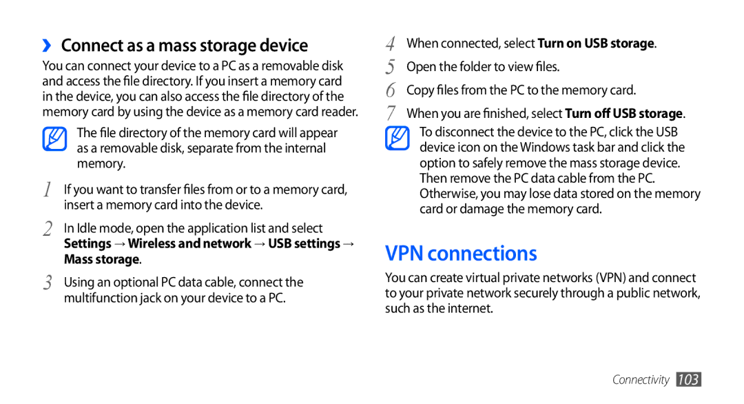 Samsung GT-I9001RWDVIA manual VPN connections, ›› Connect as a mass storage device, Insert a memory card into the device 