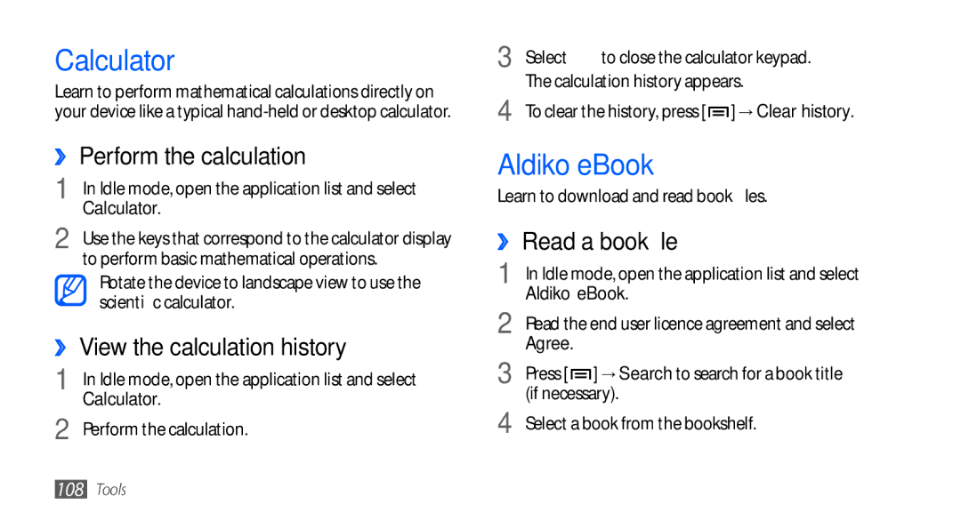 Samsung GT-I9001HKDVD2 manual Calculator, Aldiko eBook, ›› Perform the calculation, ›› View the calculation history 